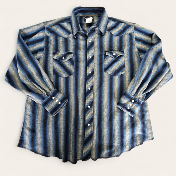Wrangler Flannel Western Pearl Snap Flannel Shirt XL – Blue/Black/Gray Stripe - Picture 1 of 4